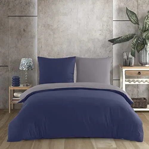 Produktbild: Vency Bettwäsche 155x220 Grau Marineblau - Atmungsaktiv - Renforcé Bettwäsche-Set mit 1x Bettbezug 155x220 + 1x Kissenbezug 80x80 - Bettwäsche Grau Marineblau
