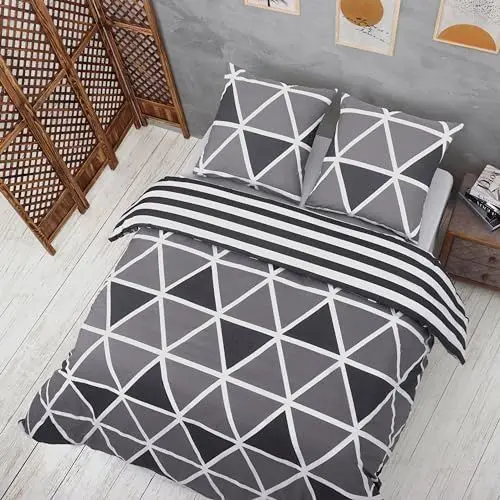 Produktbild: Vency Bettwäsche 200x200 3-Teilig Grau - Oeko-TEX 80% Baumwolle & 20% Polyester, 1x Bettbezug Reißverschluss + 2X Kissenbezug 80x80 Umschlagverschluss, Stripe Modell