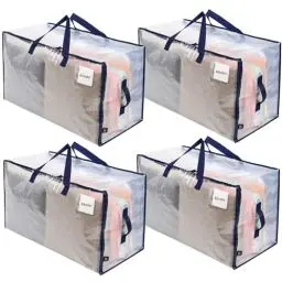 Produktbild: VENO 102 Liter Große Aufbewahrungstasche mit Deckel, Strapazierfähige Griffe und Reißverschlüssen für Umzug, Kleideraufbewahrung, Hausbedarf, wasserabweisend(Transparent, 4er-Pack)