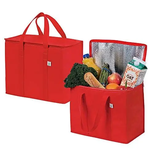Produktbild: VENO 29 Liter Einkaufstasche Wiederverwendbare Faltbar Kühltasche Einkaufskorb, Groß Picknickkorb Robuste Isoliertasche Lunchtasche, Aufrecht Stehend Thermotasche (Rot, 2er-Pack)