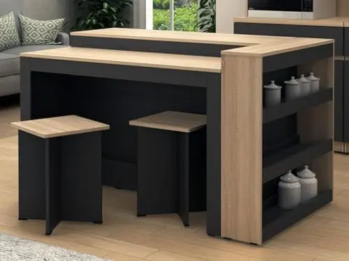 Produktbild: Vente-unique-Set zentrale Kücheninsel + 2 Hocker - Schwarz & Holzfarben hell - NUSICE