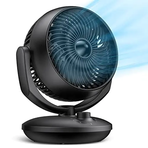 Produktbild: Ventilator, 22dB Tischventilator Leise, Fan mit 3 Geschwindigkeiten und 90° Verstellbare Neigung für 15m² Räume, Leistungsstarker 3D Turbo Luftumwälzung für Büro, Schlafzimmer, Wohnzimmer, Schwarz