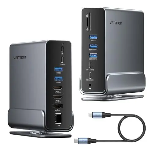Produktbild: VENTION Docking Station Dual Monitor 16-in-1 Triple Display USB-C Laptop Dockingstation für Windows PC, Thunderbolt 3/4, Dell, HP, mit Dual 4K HDMI, DP, 10Gbps USB, RJ45, 100W PD, Audio, SD/TF