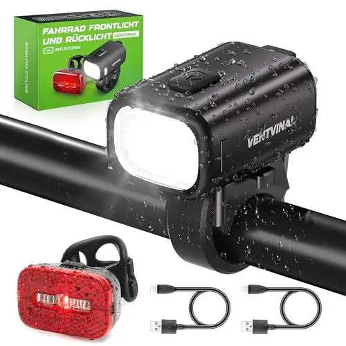 Produktbild: VENTVINAL Fahrradlicht Set USB Aufladbar,Stvzo Zugelassen Fahrradlicht Vorne und Rückstrahler mit Reflektor,3 Leuchtmodi mit Batterie Aufforderung IPX5 Wasserdich