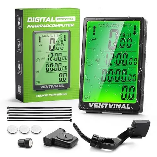 Produktbild: Ventvinal Fahrradcomputer Digital,wasserdichte IP65, 3.2-Zoll-HD-Bildschirm,31 Funktionen,kabelloses Aufwecken, Hintergrundbeleuchtung,Tacho Fahrrad Kabellos schnelle Anzeige (2024)