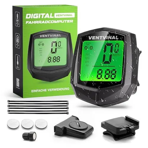 Produktbild: Ventvinal Fahrradcomputer Kabellos,24 Funktionen Fur IP54 Wasserdicht Fahrradtacho Kabellos,Cycle Mode,Hintergrundbeleuchtung,Automatische Speicherung,Tacho Fahrrad Kabellos,Hochauflösender Bildschirm