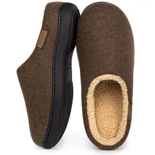 Produktbild: VeraCosy Herren Flauschige Sherpa Pantoffeln Memory Schaum Anti-Rutsch Innen Hausschuhe Coffee，42-43 EU