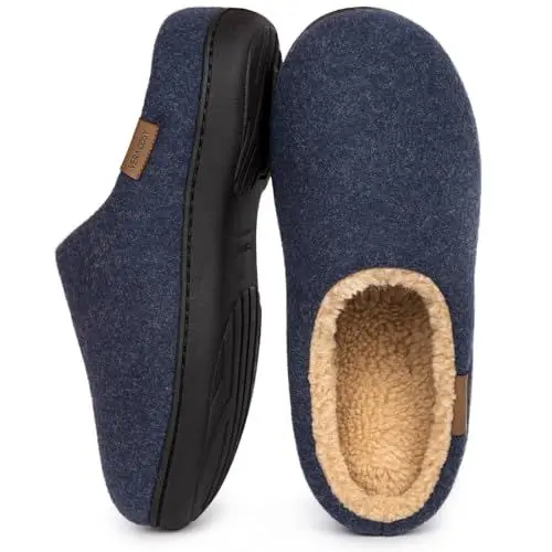 Produktbild: VeraCosy Herren Flauschige Sherpa Pantoffeln Memory Schaum Anti-Rutsch Innen Hausschuhe Navy，44-45 EU