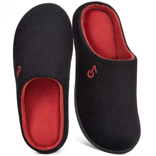Produktbild: VeraCosy Herren Zweifarbige Hausschuhe Memory Schaum Pantoffeln,Schwarz Rubinrot,42/43 EU