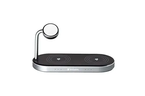 Produktbild: Verbatim 3-in-1 Qi MFi Dual Wireless Charger WCS-03, für iPhone, Apple Watch & Qi-fähige Geräte, Handy Ständer mit induktiver Ladestation, kabelloses Ladegerät für Apple, Samsung und mehr