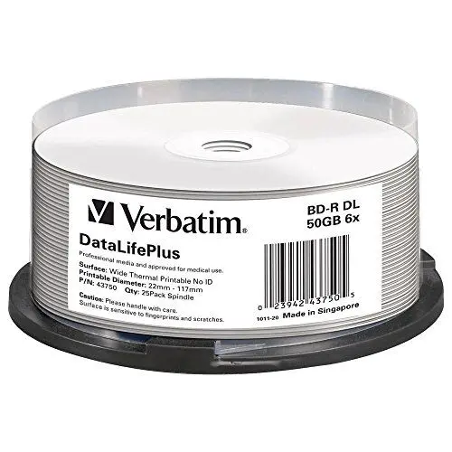 Produktbild: Verbatim BD-R DataLifePlus Blu-ray Rohlinge, 50 GB, Blu-ray-Disc mit 6-facher Schreibgeschwindigkeit, mit Kratzschutz, Blu-ray-Disks für Video- und Audiodateien, 25er-Pack Spindel
