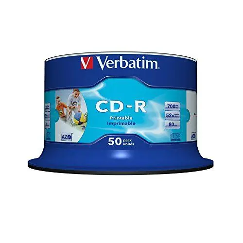 Produktbild: Verbatim CD-R AZO Wide Inkjet Printable 700 MB, 50er Pack Spindel, CD Rohlinge, 52-fache Brenngeschwindigkeit mit langer Lebensdauer, leere CDs bedruckbar, Audio CD Rohling