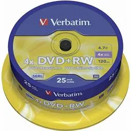 Produktbild: Verbatim DVD+RW 4x Matt Silver 4.7GB, 25er Pack Spindel, DVD Rohlinge beschreibbar, 4-fache Brenngeschwindigkeit & Hardcoat Scratch Guard, DVD leer, Rohlinge DVD wiederbeschreibbar