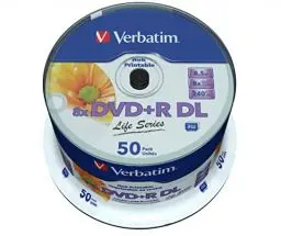 Produktbild: Verbatim DVD+R Double Layer Inkjet Printable Life Series 8.5GB, 50er Spindel, DVD Rohlinge bedruckbar, 8-fache Brenngeschwindigkeit & Hardcoat Scratch Guard, DVD-R printable, DVD leer