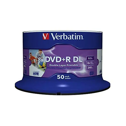 Produktbild: Verbatim DVD+R Double Layer Wide Inkjet Printable 8.5GB, 50er Pack Spindel, DVD Rohlinge bedruckbar, 8-fache Brenngeschwindigkeit & Hardcoat Scratch Guard, DVD-R printable, DVD leer