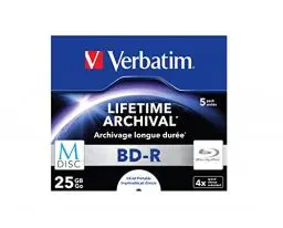 Produktbild: Verbatim MDISC BD-R Blu-ray Rohlinge, 25 GB, Blu-ray-Disc mit 4-facher Schreibgeschwindigkeit, 5er-Pack Jewel Case, großflächig bedruckbar, Blu-ray-Disks für Video- und Audiodateien