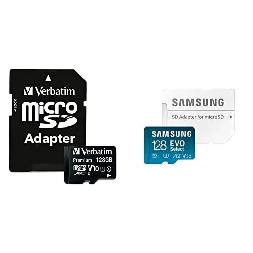 Produktbild: Verbatim Premium Micro SDXC Speicherkarte, 128 GB & Samsung EVO Select microSD Speicherkarte (MB-ME128KA/EU), 128 GB, UHS-I U3, Full HD, 130MB/s Lesen, für Smartphone und Tablet, inkl. SD-Adapter