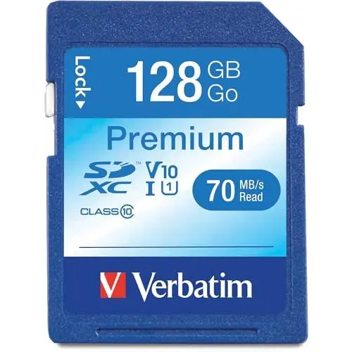 Produktbild: Verbatim Premium U1 SDXC Speicherkarte, 128 GB, SD Karte für Full HD Videoaufnahmen, Karte mit integriertem Schreibschutz, Speicherkarte schwarz, SD Speicherkarte für ua. Kamera und PC