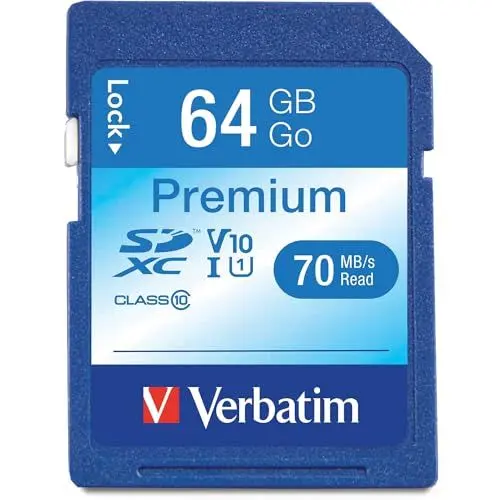 Produktbild: Verbatim Premium U1 SDXC Speicherkarte, 64 GB, SD Karte für Full HD Videoaufnahmen, Karte mit integriertem Schreibschutz, Speicherkarte schwarz, SD Speicherkarte für ua. Kamera und PC