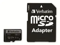 Produktbild: Verbatim Pro U3 Micro SDXC Speicherkarte mit Adapter, 128 GB, Datenspeicher für 4K Ultra HD Video-Aufnahmen, Micro SD Karte in schwarz, ideal für Action-Cams, Camcorder, Smartphones und Tablets