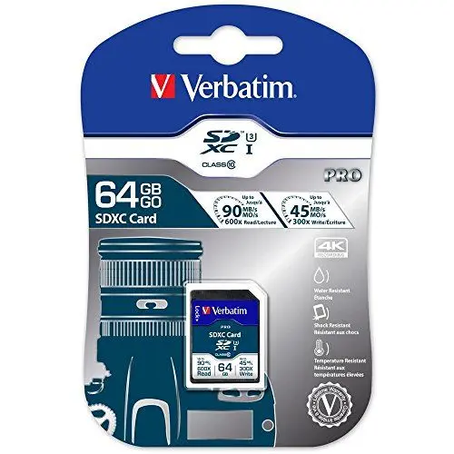 Produktbild: Verbatim Pro U3 SDXC Speicherkarte, 64 GB, SD Karte für 4K-Ultra-HD-Videoaufnahmen, UHS-Geschwindigkeitsklasse 3, Speicherkarte schwarz, SD Speicherkarte für ua. Kamera und PC
