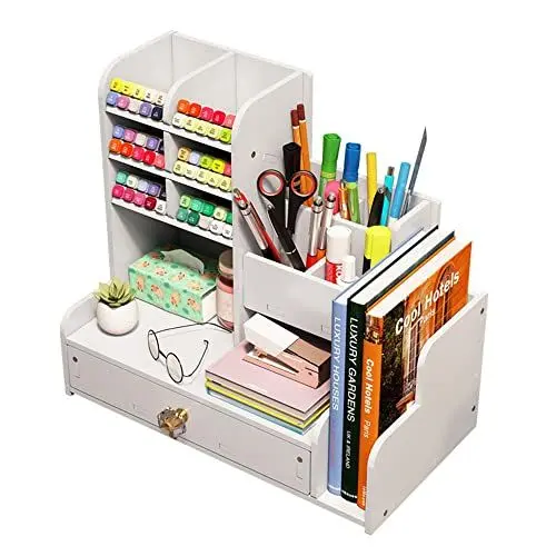 Produktbild: Verbesserter Schreibtisch-Organizer mit Schublade, weißer Stiftehalter, Schreibtisch-Organizer für Zuhause, Büro und Schule