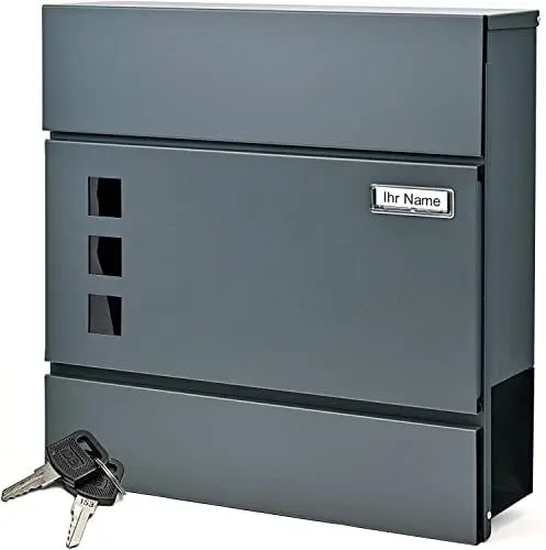 Produktbild: Verda Briefkasten mit Zeitungsfach, Edelstahl, Designer Wandbriefkasten, 2X Schlüssel, Anthrazit, 37 x 37 x 11cm, Sichtfenster, Zeitungsrolle, Namensschild, modern, Postkasten, Wetterfest SN3676-1
