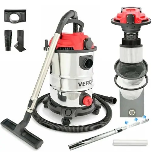 Produktbild: Verda Nass- und Trockensauger 1650W Industriesauger + Steckdose + Wasserablass + Blasfunktion Aschesauger für Kamin und Pelletofen 25 Liter Metallbehälter Edelstahltank (SN196)