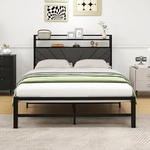 Produktbild: VERFARM Polsterbett 120 x 200 cm Bettgestell Einzelbett Doppelbett Designbett mit Lattenrost Starke Stahllattenhalterung, Bettrahmen 120x200, Gepolstertes Bettgestell Jugendbett