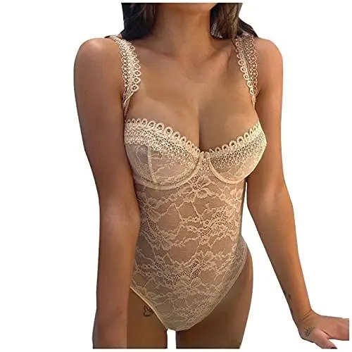 Produktbild: Verführerische Damenunterwäsche Einteilig Spitze dünne Mode für besondere Anlässe (Beige, M)
