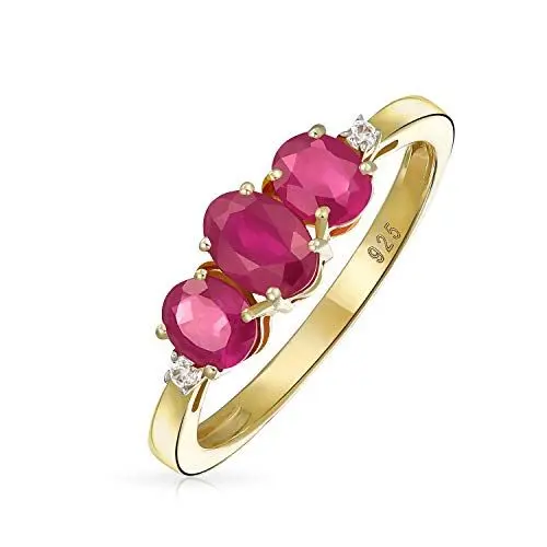Produktbild: Vergangenheit Gegenwart Zukunft 3 Stein 2CTW Oval erstellt Roter Rubin Ring für Frauen - Gelb 14K vergoldet .925 Sterling Silber Juli Geburtsstein