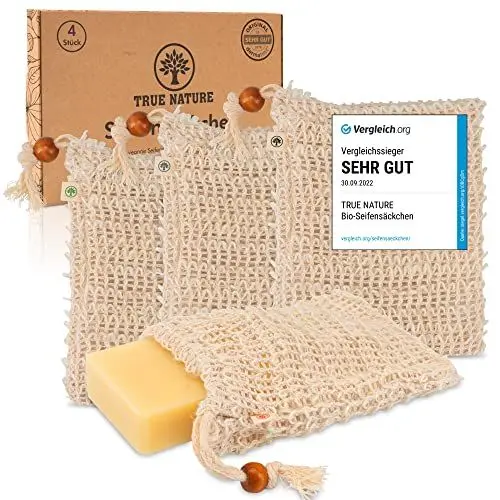 Produktbild: VERGLEICHSSIEGER* Seifensäckchen (4er Set) LABORGEPRÜFT - TRUE NATURE® Sisal Seifenbeutel mit farbigen Labels zum Unterscheiden - Seifennetz Extra Groß für festes Shampoo - Natur Seifen Säckchen