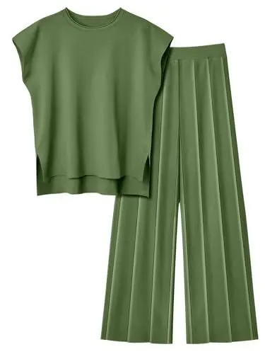 Produktbild: Veriliss 2 Teilig Outfits Für Damen Pullover Sets Strickpullover Tops Elastische Taille Hosen Lounge Sets Trainingsanzug(Grün,M)