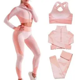Produktbild: Veriliss Damen 3teiliger Gym Trainingsanzug 2024 Nahtlose Laufbekleidung Fitness Kleidung Jogginganzug Reißverschluss Kapuzen Fitness Jogging Tennis Laufen（Rosa，L