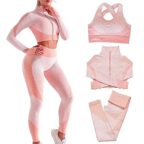 Produktbild: Veriliss Damen 3teiliger Gym Trainingsanzug Nahtlose Laufbekleidung Fitness Kleidung Jogginganzug Reißverschluss Kapuzen Fitness Jogging Tennis Laufen（Rosa，L