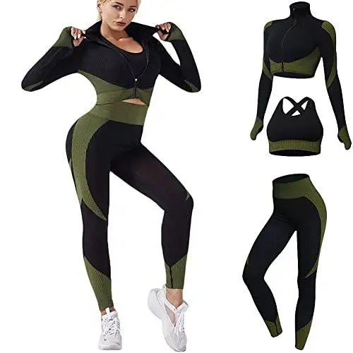 Produktbild: Veriliss Damen 3teiliger Gym Trainingsanzug Nahtlose Laufbekleidung Fitness Kleidung Jogginganzug Reißverschluss Kapuzen Fitness Jogging Tennis Laufen (SchwarzGrün,L)