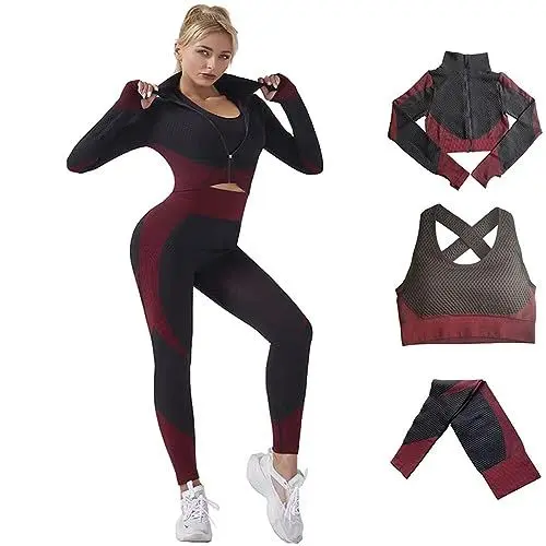 Produktbild: Veriliss Damen 3teiliger Gym Trainingsanzug Nahtlose Laufbekleidung Fitness Kleidung Jogginganzug Reißverschluss Kapuzen Fitness Jogging Tennis Laufen (Schwarz Rot,L)