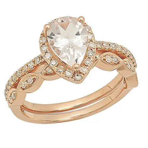 Produktbild: Verlobungsring aus 14 Karat Rotgold, Birnen-Morganit und runder weißer Diamant, Halo-Verlobungsring mit Band-Set (Größe 8), Weißer Diamant Morganit