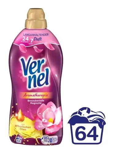 Produktbild: Vernel Aromatherapie Bezaubernde Magnolie Weichspüler (64 Waschladungen), langanhaltender Wäscheduft mit ätherischen Ölen für 24/7 Frische, recycelbare Flasche