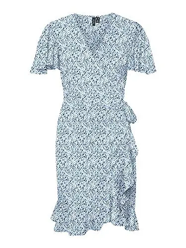 Produktbild: VERO MODA CURVE Damen VMEMMA Henna SS Short WRAP Dress CUR Kleid, Skyway/AOP:Caro Flower, 70
