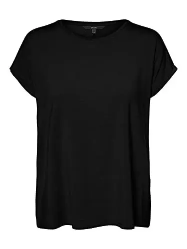 Produktbild: VERO Moda Damen Einfarbiges Stretch T-Shirt Basic Rundhals Top Oberteil Tief Angesetzte Schultern VMAVA, Farben:Schwarz, Größe:XL