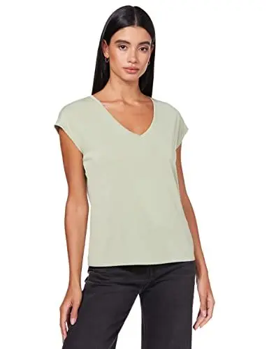 Produktbild: VERO MODA Damen Einfarbiges Stretch T-Shirt Basic V-Neck Top Oberteil Tief Angesetzte Schultern VMFILLI