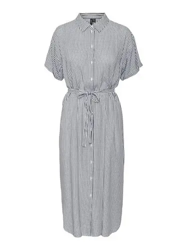Produktbild: VERO MODA Damen Leichtes Kurzarm Kleid Midi Blusen Dress Locker mit Gürtel und Hemdkragen VMBUMPY, Farben:Weiß,Größe Damen:M
