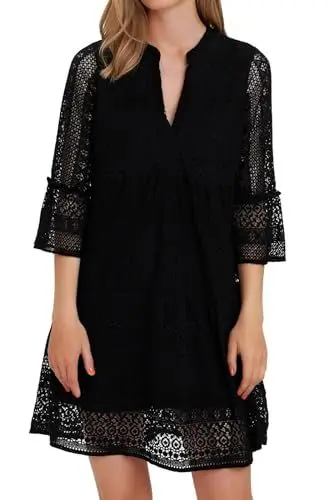 Produktbild: VERO MODA Damen Vmhoney Lace 3/4 V-Neck Tunic WVN Midikleid, Schwarz, XS EU