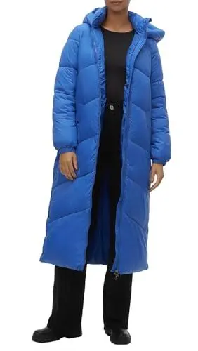Produktbild: VERO MODA Damen Steppmantel VMUppsala Long Coat lange gefütterte Jacke mit Kapuze 10270145 Beaucoup Blue XS