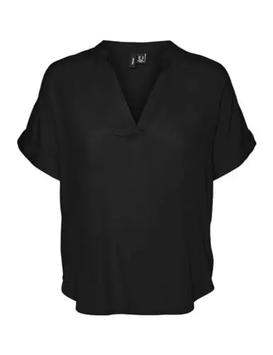 Produktbild: VERO MODA Damen Top Casual Splitneck umgeschlagene Ärmelbündchen Bluse Kurzarm, Farben:Schwarz, Größe:M