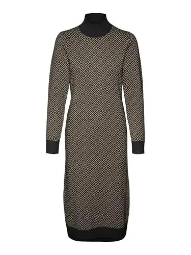 Produktbild: VERO MODA Damen VMARIA Art LS HIGH-Neck Calf Dress GA Kleid, Black/Detail:W. Silver Mink Grafic Print, X-Small