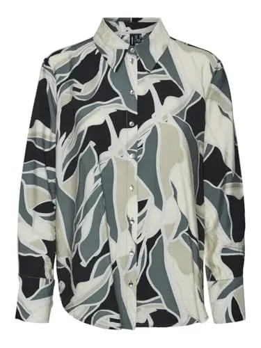 Produktbild: VERO MODA Damen Vmbeline Bea Ls Long Shirt WVN Ga Langarmbluse, Black/AOP:Bea, Large