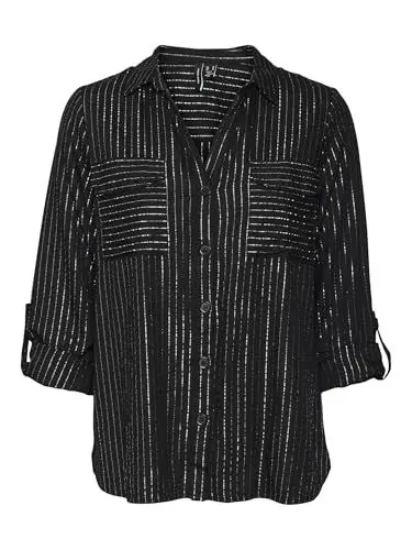 Produktbild: VERO MODA Damen Vmbumpy Ls Shirt WVN Ga Noos Langarmbluse, Black/Stripes:Silver Lurex, M