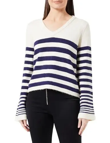 Produktbild: VERO MODA Damen Vmhurricane Ls V-Neck Pullover Ga Bf Pullover, Birch/Stripes:w. Astral Aura, L
